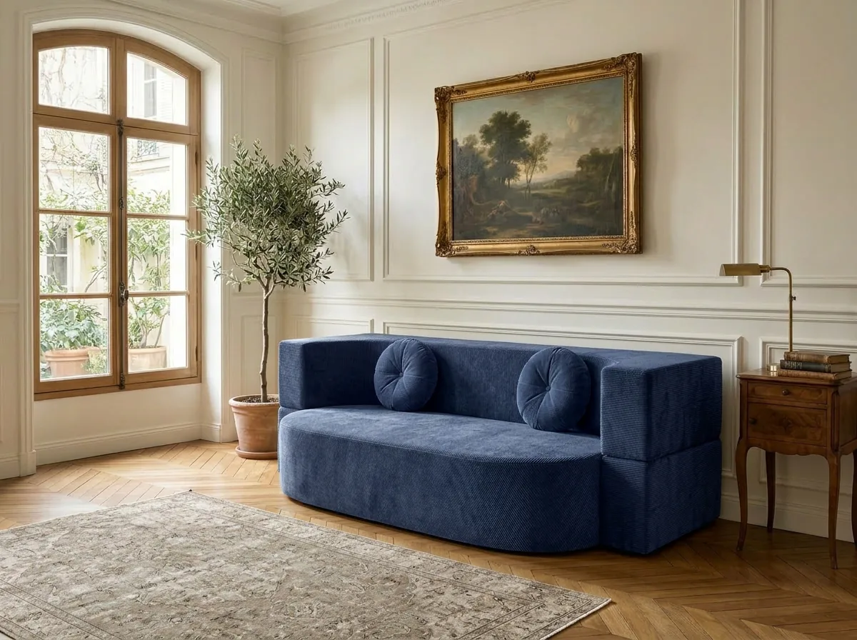 Indigo corduroy BaoHome sofa by tall garden windows