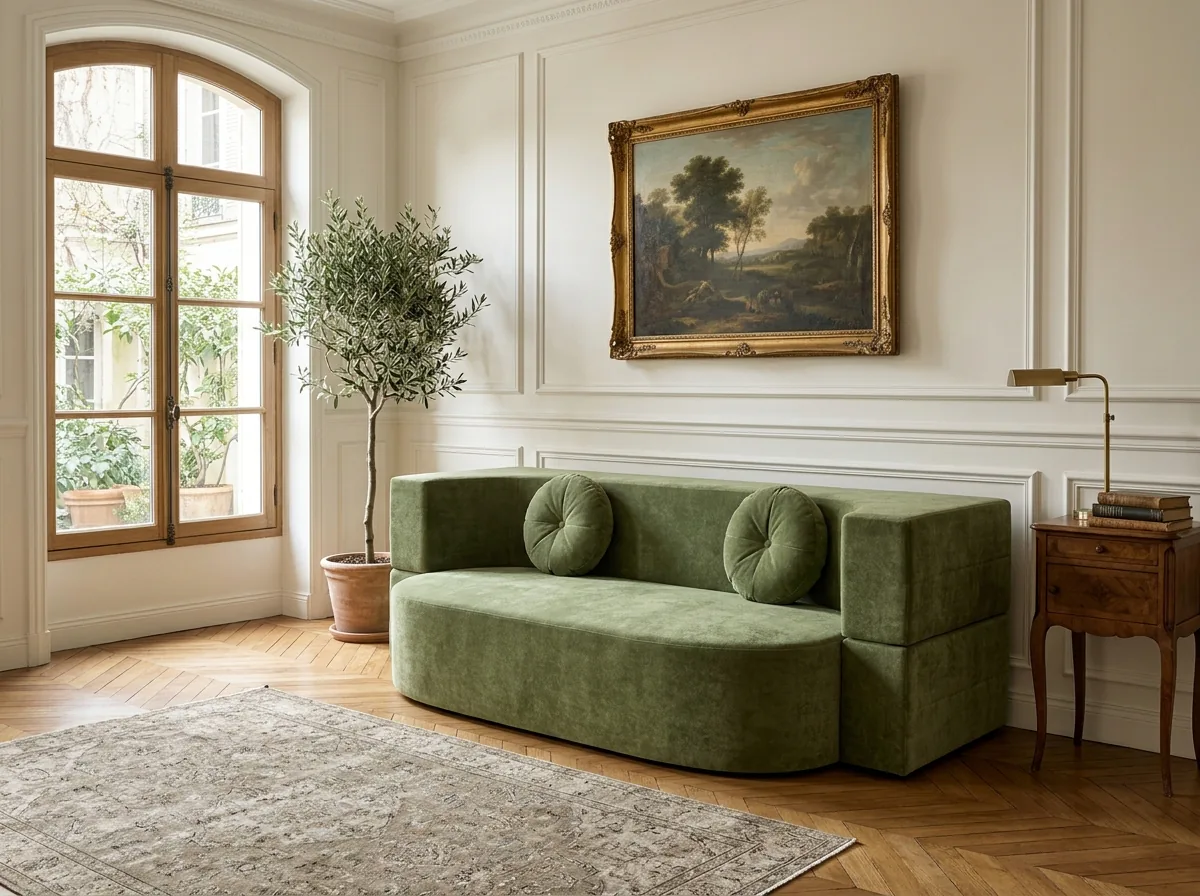 Olive velvet BaoHome sofa in a panelled apartment with herringbone floors